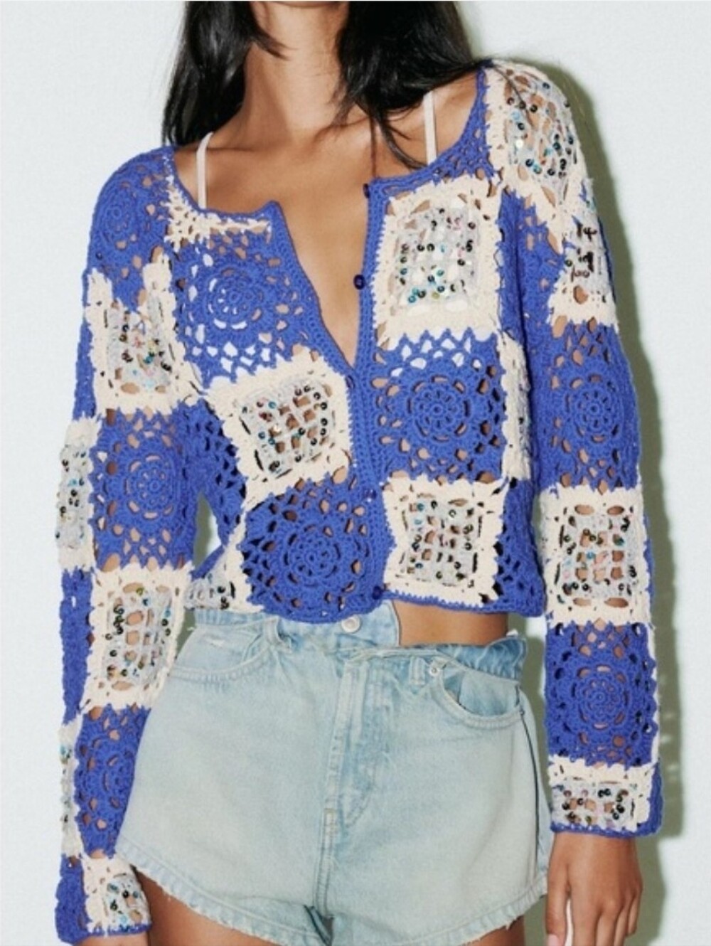 Sz M Zara Sequin Crochet Jacket Cardigan Blue / cream New